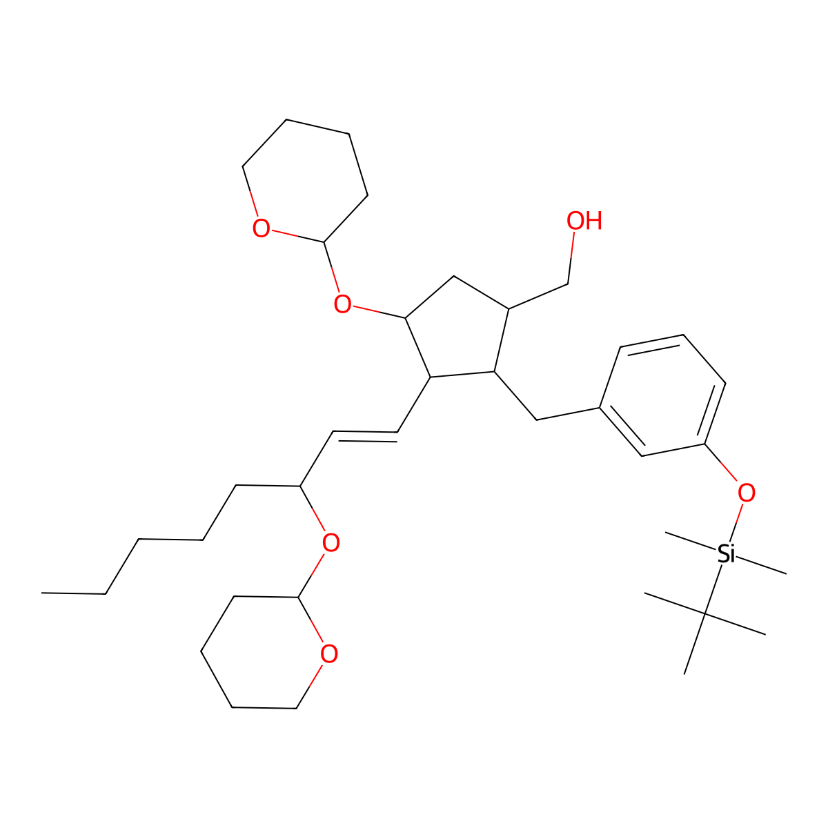 ((1S,2S,3R,4R)-2-(3-((tert-Butyldimethylsilyl)oxy)benzyl)-4-((tetrahydro-2H-pyran-2-yl)oxy)-3-((E)-3-((tetrahydro-2H-pyran-2-yl)oxy)oct-1-en-1-yl)cyclopentyl)methanol molecular structure, CAS 81846-26-6