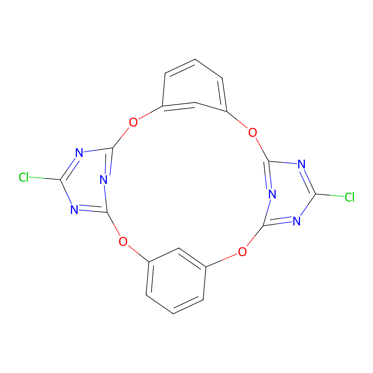 5,17-Dichloro-2,8,14,20-tetraoxa-4,6,16,18,26,28-hexazapentacyclo[19.3.1.13,7.19,13.115,19]octacosa-1(25),3(28),4,6,9(27),10,12,15,17,19(26),21,23-dodecaene molecular structure, CAS 819065-56-0
