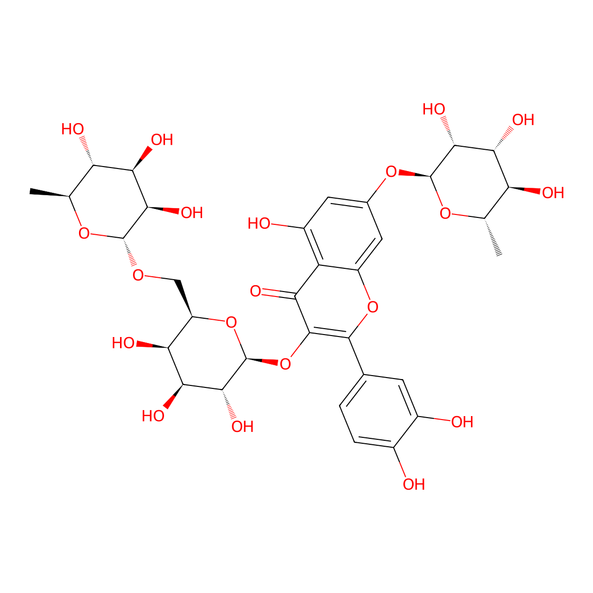 3-((6-O-(6-Deoxy-alpha-L-mannopyranosyl)-beta-D-galactopyranosyl)oxy)-7-((6-deoxy-alpha-L-mannopyranosyl)oxy)-2-(3,4-dihydroxyphenyl)-5-hydroxy-4H-1-benzopyran-4-one molecular structure, CAS 81970-00-5
