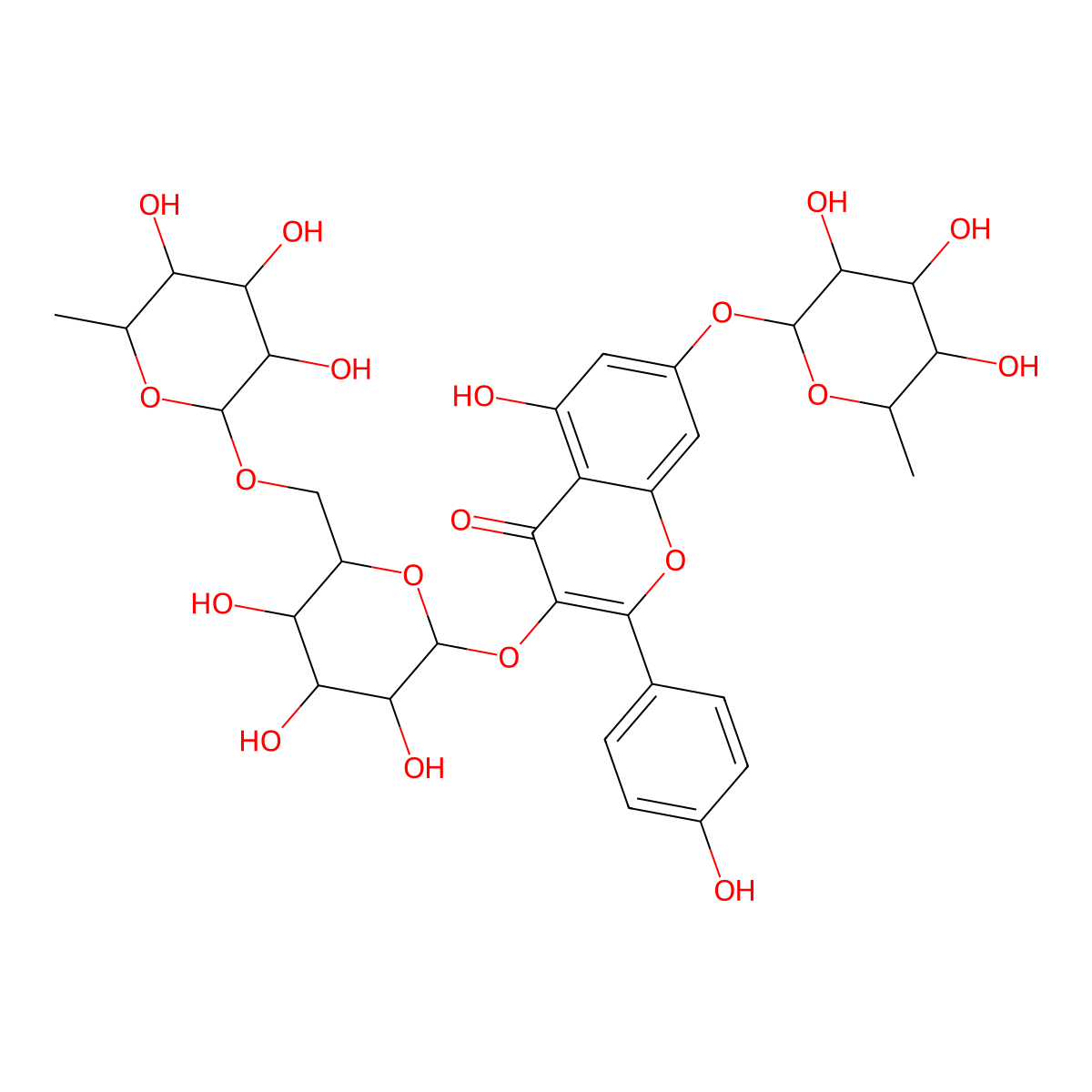 5-Hydroxy-2-(4-hydroxyphenyl)-7-(3,4,5-trihydroxy-6-methyloxan-2-yl)oxy-3-[3,4,5-trihydroxy-6-[(3,4,5-trihydroxy-6-methyloxan-2-yl)oxymethyl]oxan-2-yl]oxychromen-4-one molecular structure, CAS 81992-85-0