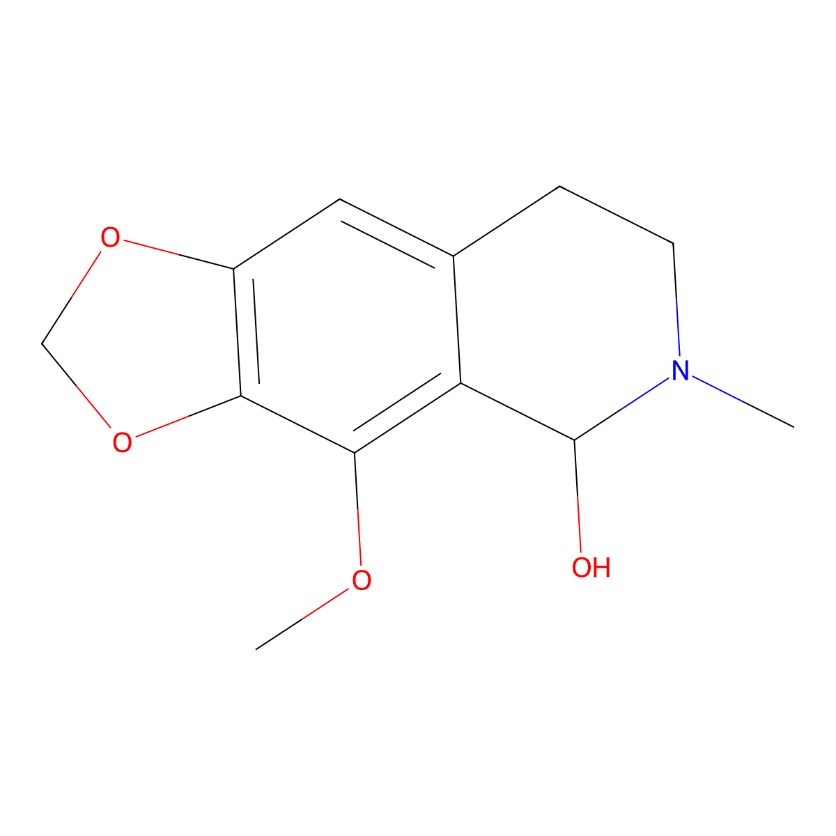 5,6,7,8-Tetrahydro-4-methoxy-6-methyl-1,3-dioxolo(4,5-g)isoquinolin-5-ol molecular structure, CAS 82-54-2