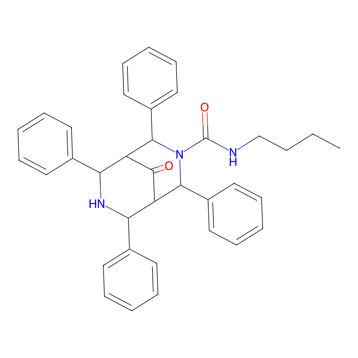 3,7-Diazabicyclo(3.3.1)nonane-3-carboxamide, N-butyl-9-oxo-2,4,6,8-tetraphenyl- molecular structure, CAS 82058-26-2