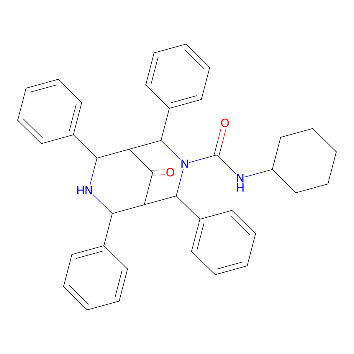 3,7-Diazabicyclo(3.3.1)nonane-3-carboxamide, N-cyclohexyl-9-oxo-2,4,6,8-tetraphenyl- molecular structure, CAS 82058-28-4