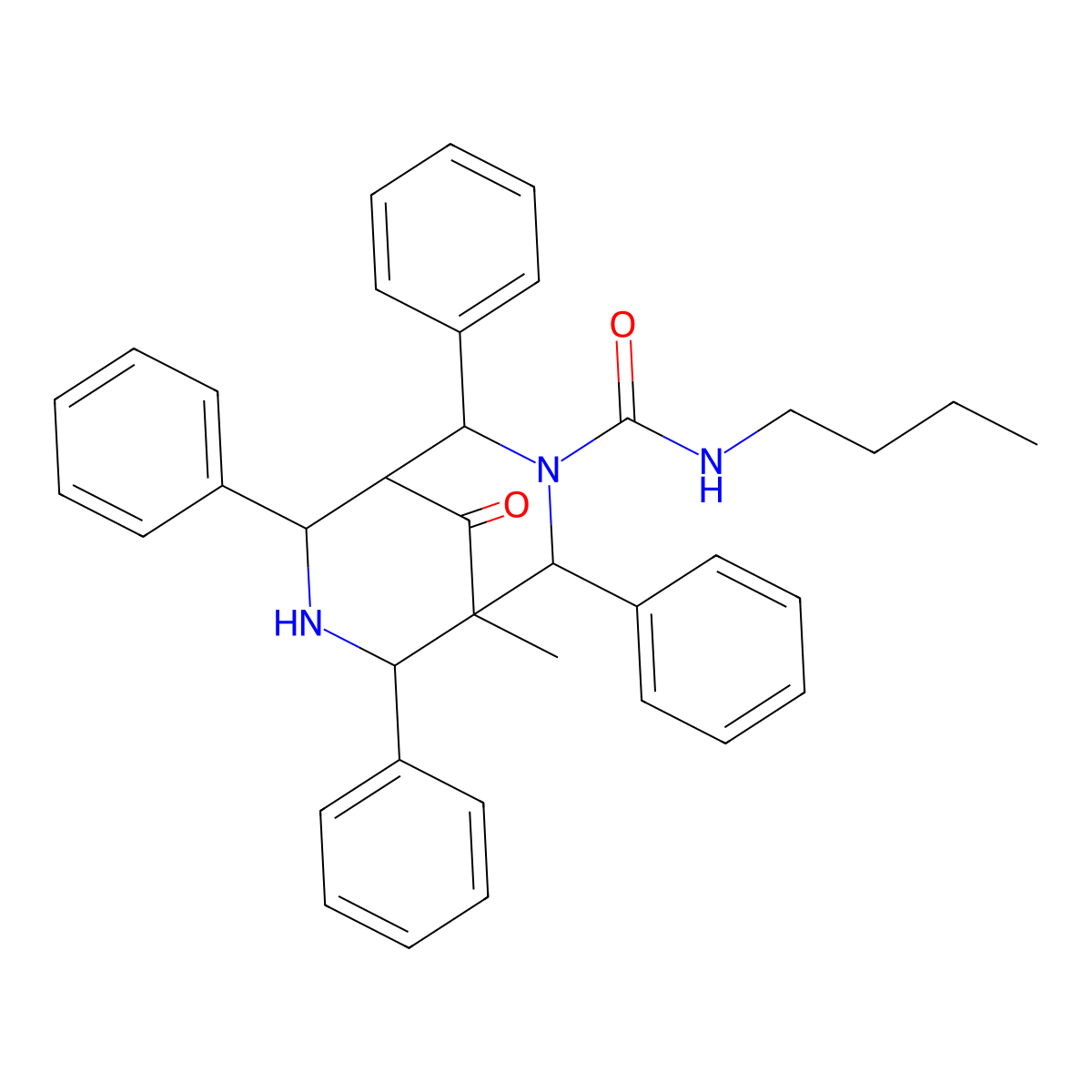 3,7-Diazabicyclo(3.3.1)nonane-3-carboxamide, N-butyl-5-methyl-9-oxo-2,4,6,8-tetraphenyl- molecular structure, CAS 82058-30-8