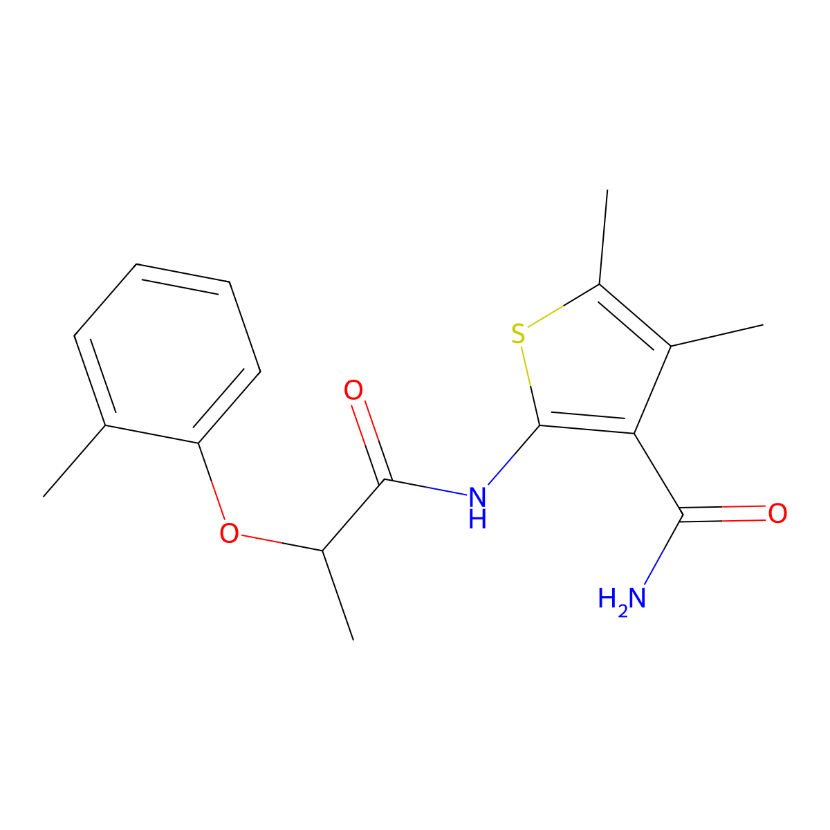4,5-Dimethyl-2-{[2-(2-methylphenoxy)propanoyl]amino}-3-thiophenecarboxamide molecular structure, CAS 821013-12-1