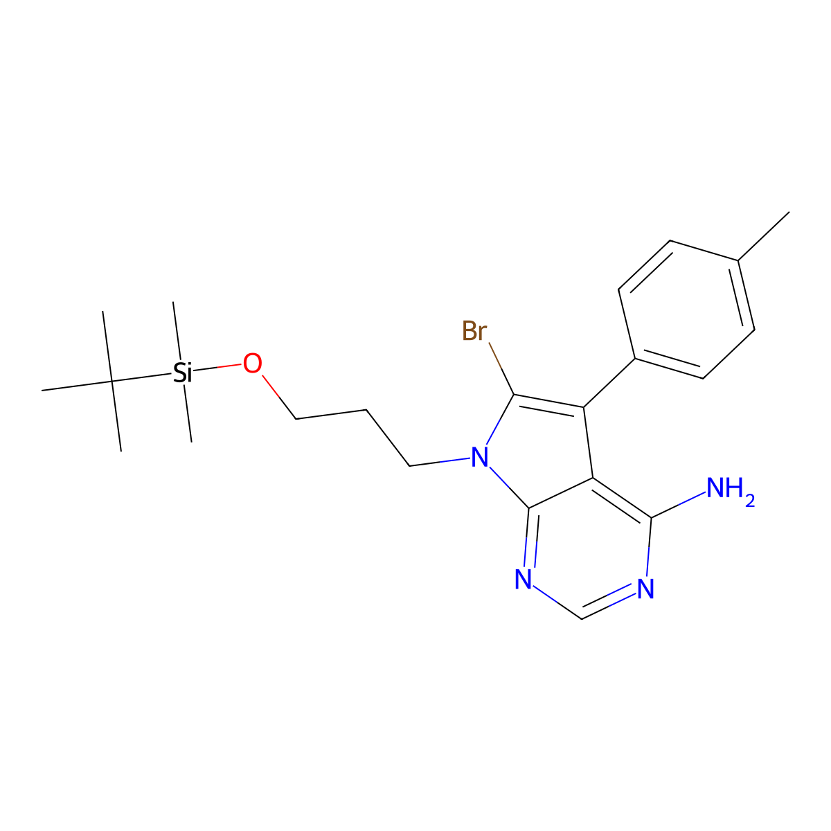 6-Bromo-7-(3-(((1,1-dimethylethyl)dimethylsilyl)oxy)propyl)-5-(4-methylphenyl)-7H-pyrrolo(2,3-d)pyrimidin-4-amine molecular structure, CAS 821794-85-8