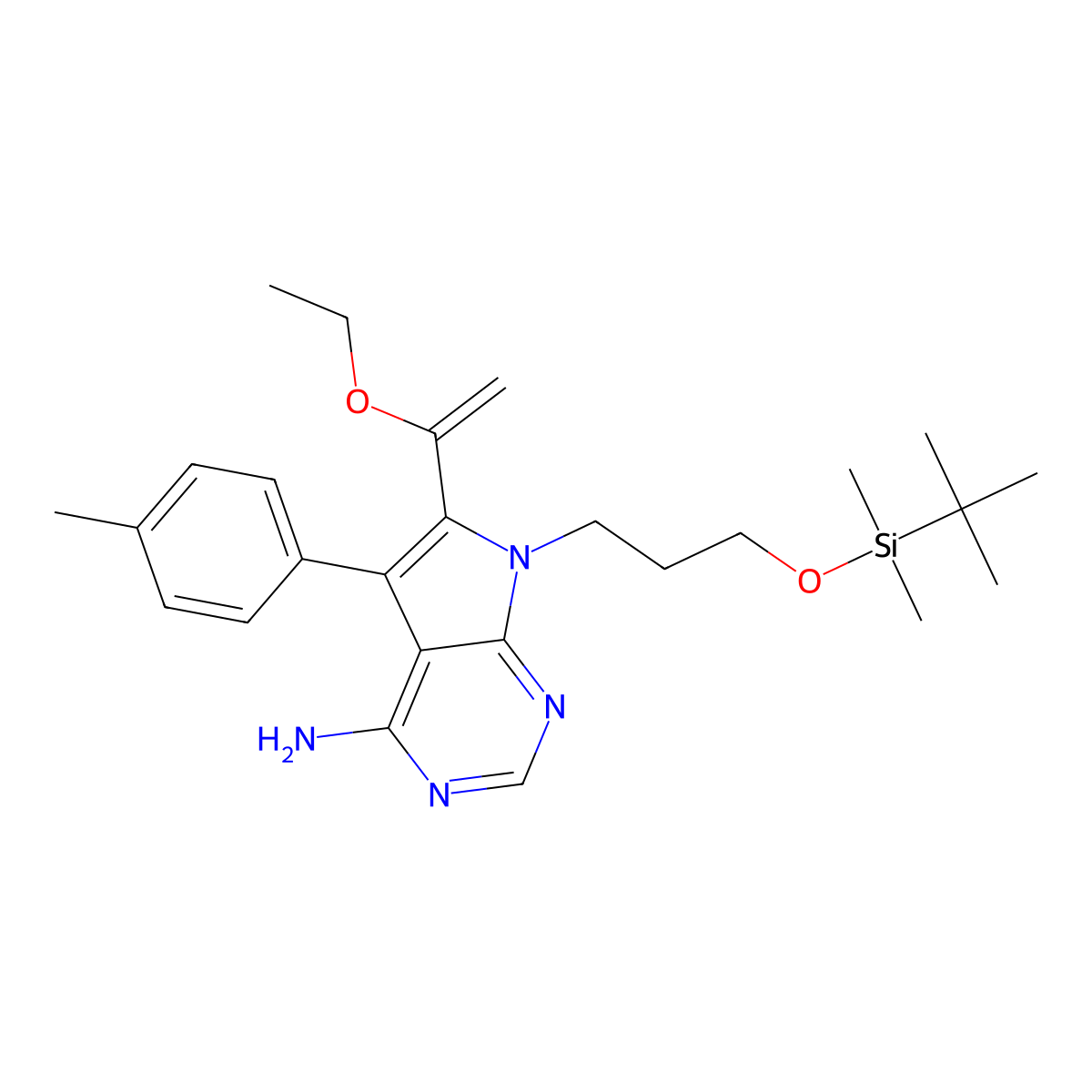 7H-Pyrrolo[2,3-d]pyrimidin-4-amine, 7-[3-[[(1,1-dimethylethyl)dimethylsilyl]oxy]propyl]-6-(1-ethoxyethenyl)-5-(4-methylphenyl)- molecular structure, CAS 821794-86-9