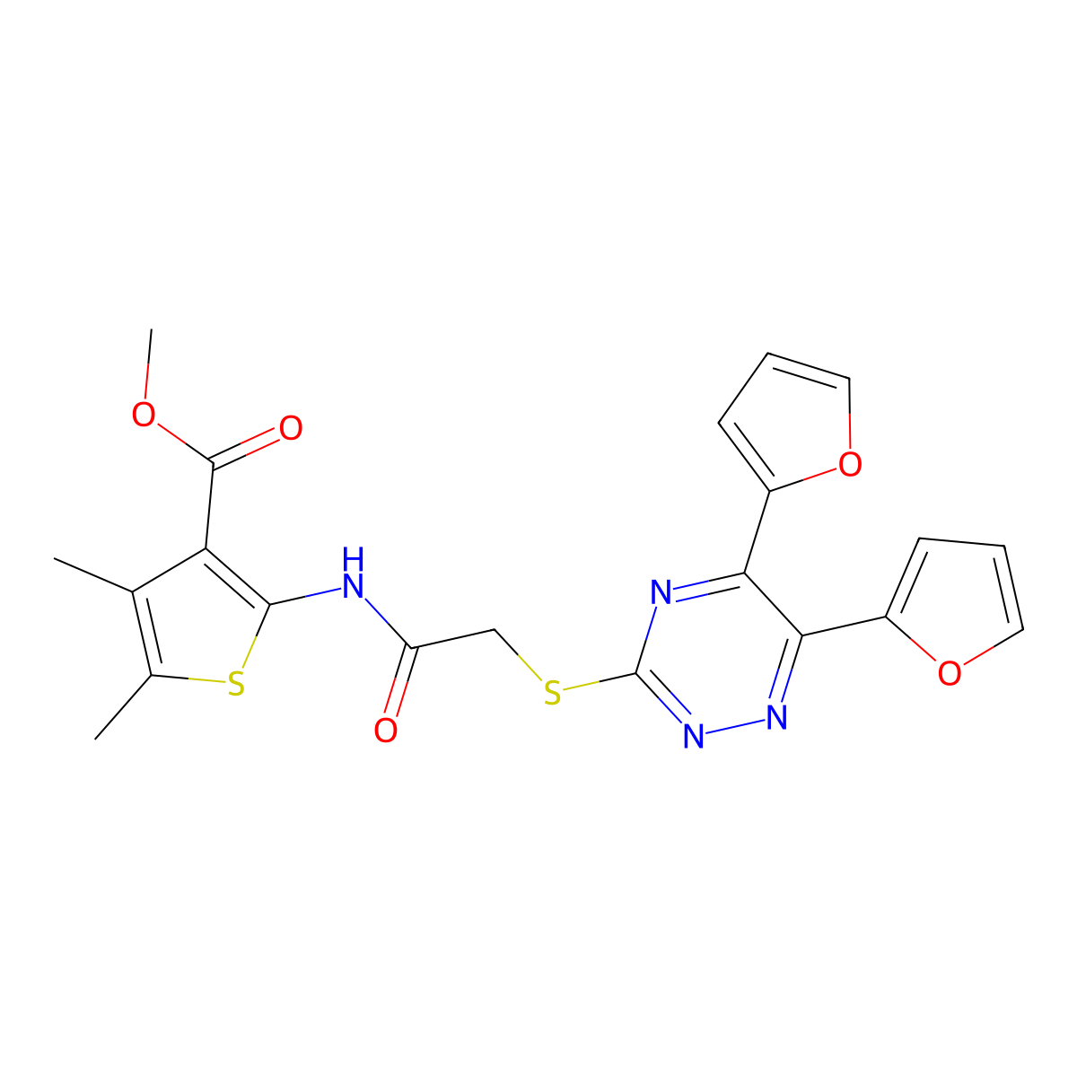 Methyl 2-(2-((5,6-di(furan-2-yl)-1,2,4-triazin-3-yl)thio)acetamido)-4,5-dimethylthiophene-3-carboxylate molecular structure, CAS 823211-50-3