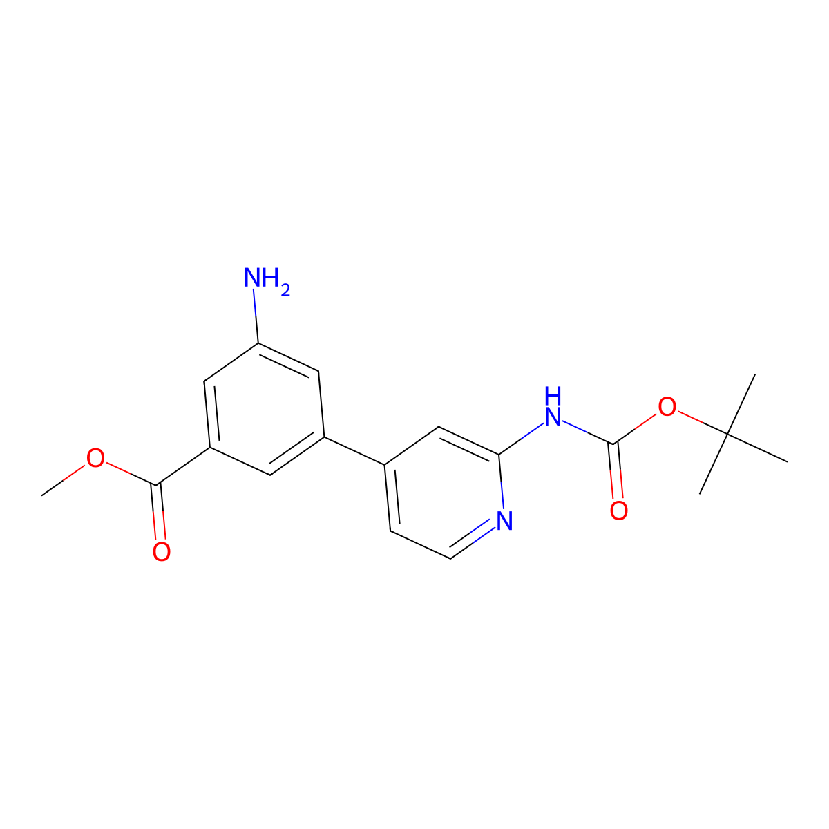 Methyl 3-amino-5-(2-((tert-butoxycarbonyl)amino)pyridin-4-yl)benzoate molecular structure, CAS 823215-50-5