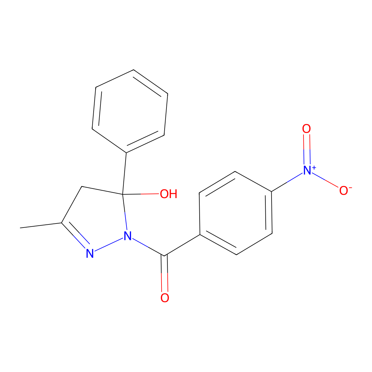 1-({4-nitrophenyl}carbonyl)-3-methyl-5-phenyl-4,5-dihydro-1H-pyrazol-5-ol molecular structure, CAS 82366-02-7