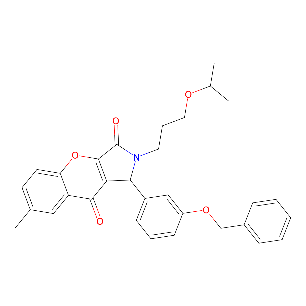 7-methyl-1-(3-phenylmethoxyphenyl)-2-(3-propan-2-yloxypropyl)-1H-chromeno[2,3-c]pyrrole-3,9-dione molecular structure, CAS 823823-08-1