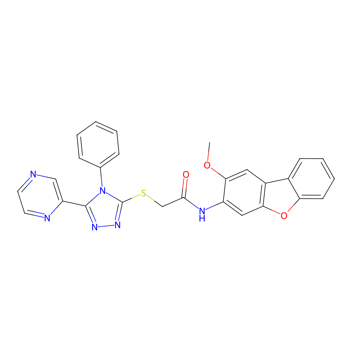N-(2-methoxydibenzofuran-3-yl)-2-[(4-phenyl-5-pyrazin-2-yl-1,2,4-triazol-3-yl)sulfanyl]acetamide molecular structure, CAS 823823-20-7
