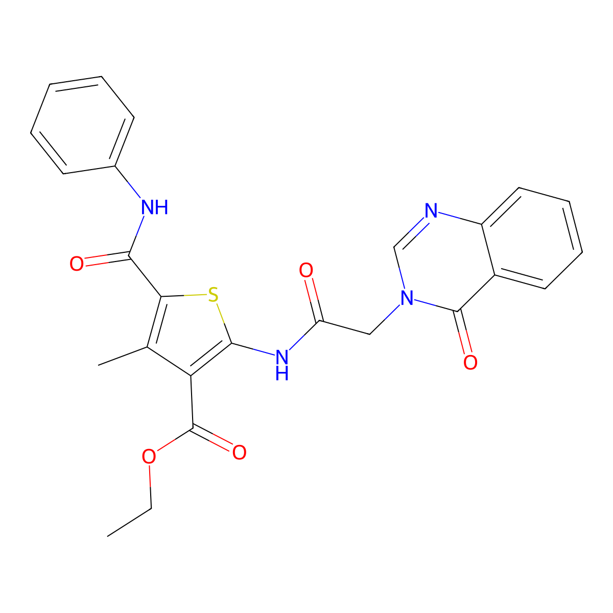 ethyl 4-methyl-2-{[(4-oxoquinazolin-3(4H)-yl)acetyl]amino}-5-(phenylcarbamoyl)thiophene-3-carboxylate molecular structure, CAS 823825-29-2