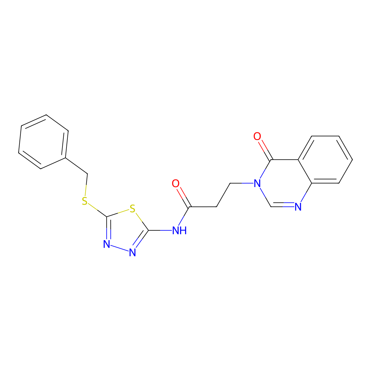 N-(5-benzylsulfanyl-1,3,4-thiadiazol-2-yl)-3-(4-oxoquinazolin-3-yl)propanamide molecular structure, CAS 823825-36-1