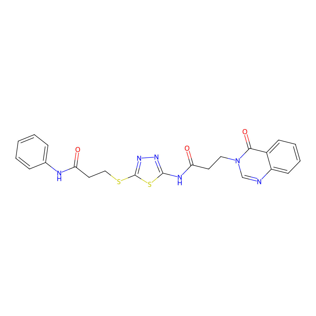 N-[5-(3-anilino-3-oxopropyl)sulfanyl-1,3,4-thiadiazol-2-yl]-3-(4-oxoquinazolin-3-yl)propanamide molecular structure, CAS 823825-38-3