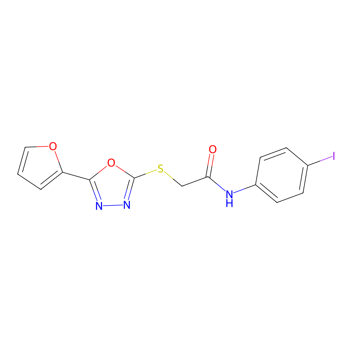 2-[[5-(furan-2-yl)-1,3,4-oxadiazol-2-yl]sulfanyl]-N-(4-iodophenyl)acetamide molecular structure, CAS 823825-76-9
