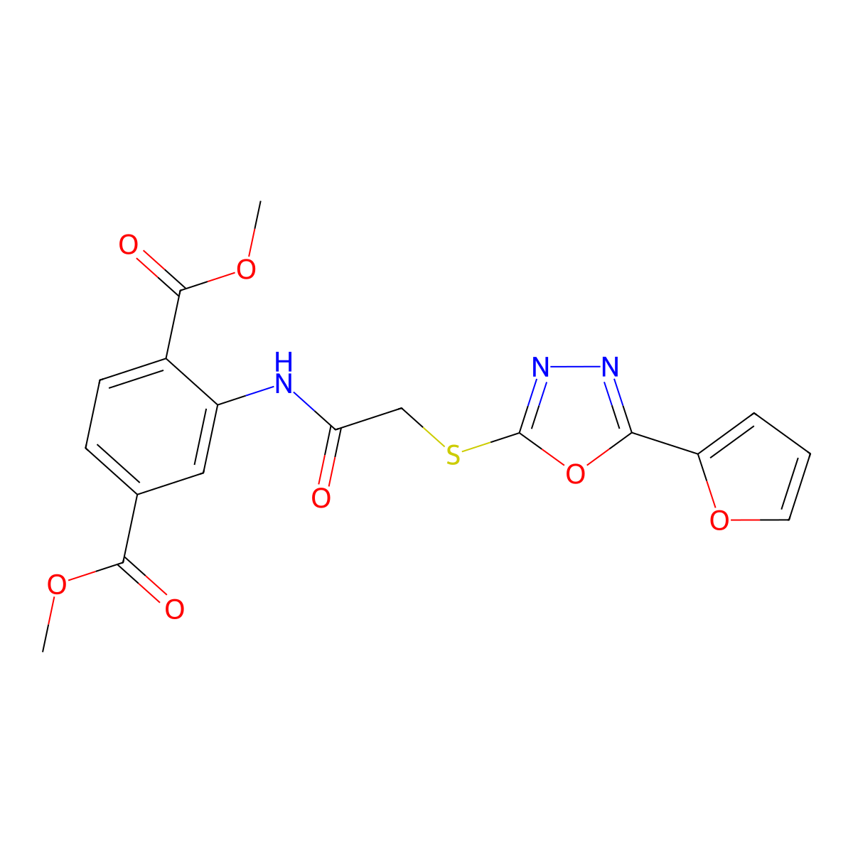 Dimethyl 2-[({[5-(furan-2-yl)-1,3,4-oxadiazol-2-yl]sulfanyl}acetyl)amino]benzene-1,4-dicarboxylate molecular structure, CAS 823825-77-0