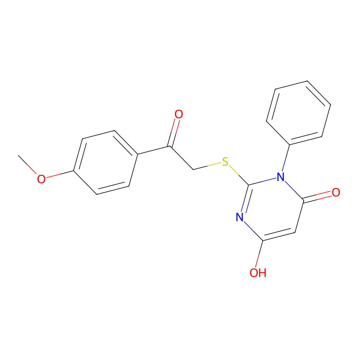 6-hydroxy-2-{[2-(4-methoxyphenyl)-2-oxoethyl]sulfanyl}-3-phenylpyrimidin-4(3H)-one molecular structure, CAS 823826-17-1