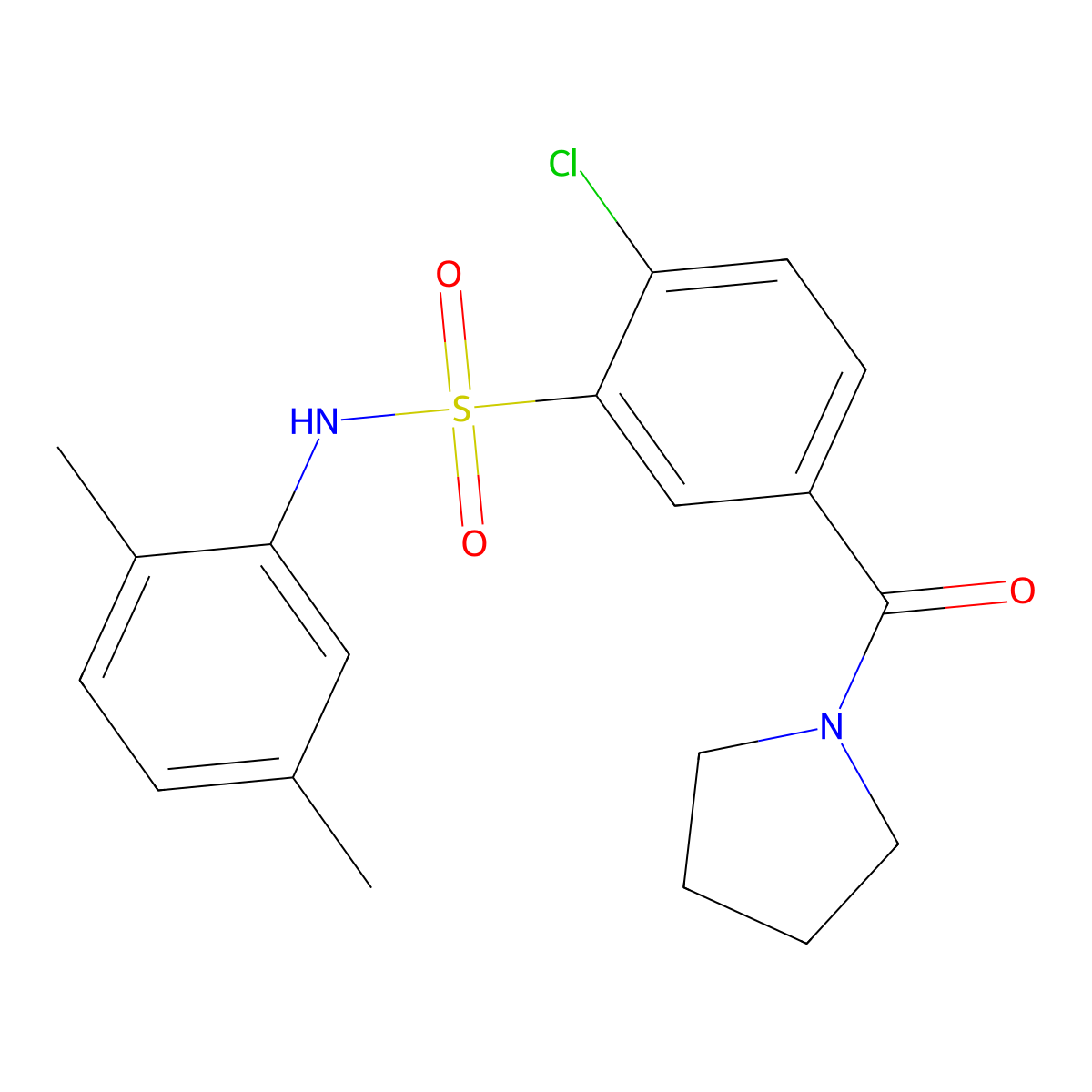 2-chloro-N-(2,5-dimethylphenyl)-5-(pyrrolidine-1-carbonyl)benzenesulfonamide molecular structure, CAS 823826-73-9
