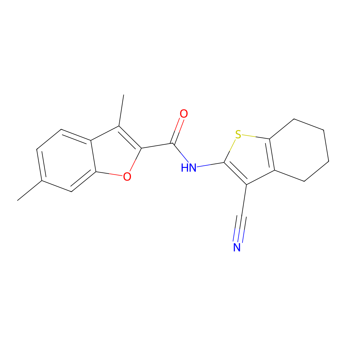 N-(3-cyano-4,5,6,7-tetrahydro-1-benzothiophen-2-yl)-3,6-dimethyl-1-benzofuran-2-carboxamide molecular structure, CAS 823827-43-6