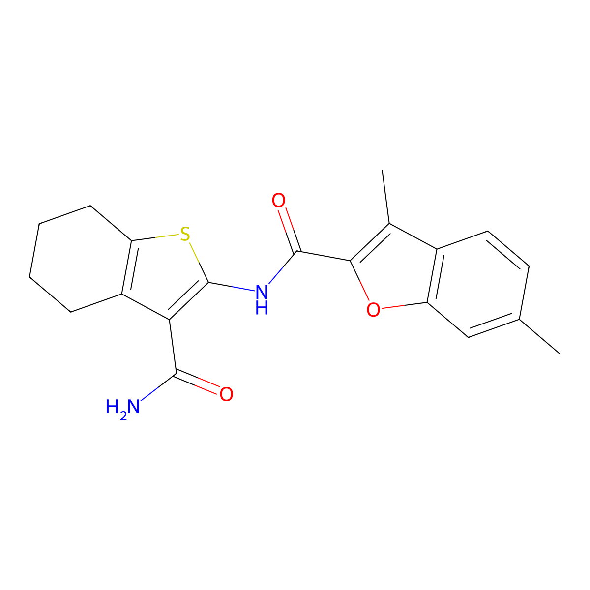 N-(3-carbamoyl-4,5,6,7-tetrahydro-1-benzothiophen-2-yl)-3,6-dimethyl-1-benzofuran-2-carboxamide molecular structure, CAS 823827-44-7