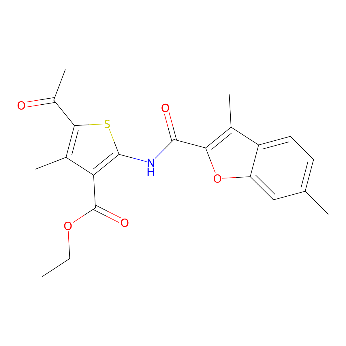 Ethyl 5-acetyl-2-{[(3,6-dimethyl-1-benzofuran-2-yl)carbonyl]amino}-4-methylthiophene-3-carboxylate molecular structure, CAS 823827-46-9