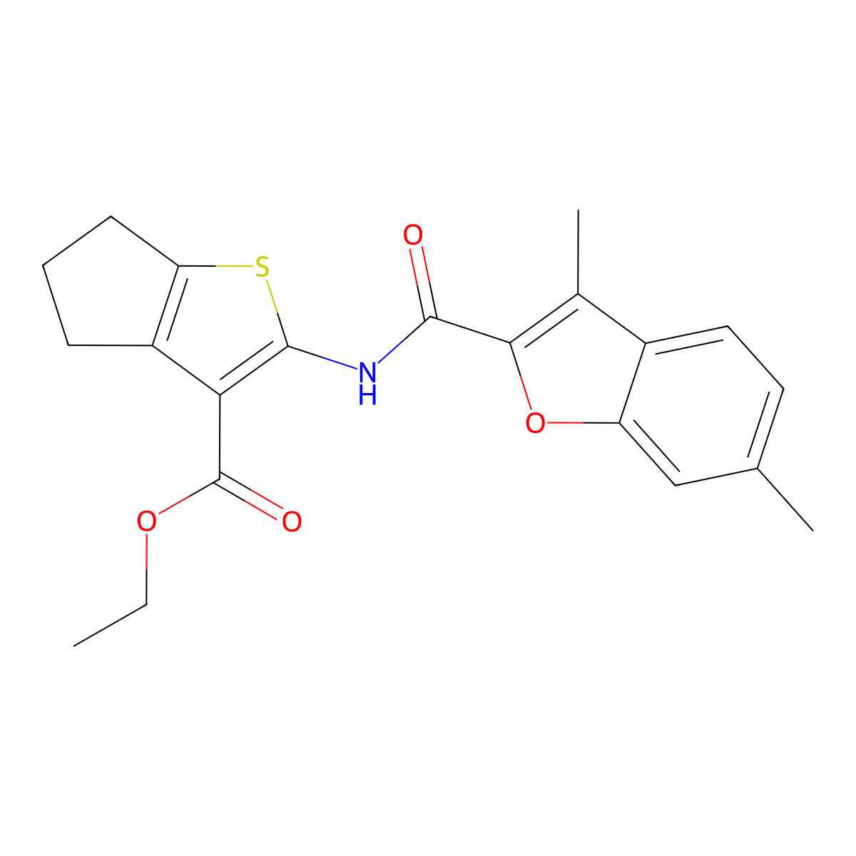 ethyl 2-{[(3,6-dimethyl-1-benzofuran-2-yl)carbonyl]amino}-5,6-dihydro-4H-cyclopenta[b]thiophene-3-carboxylate molecular structure, CAS 823827-52-7