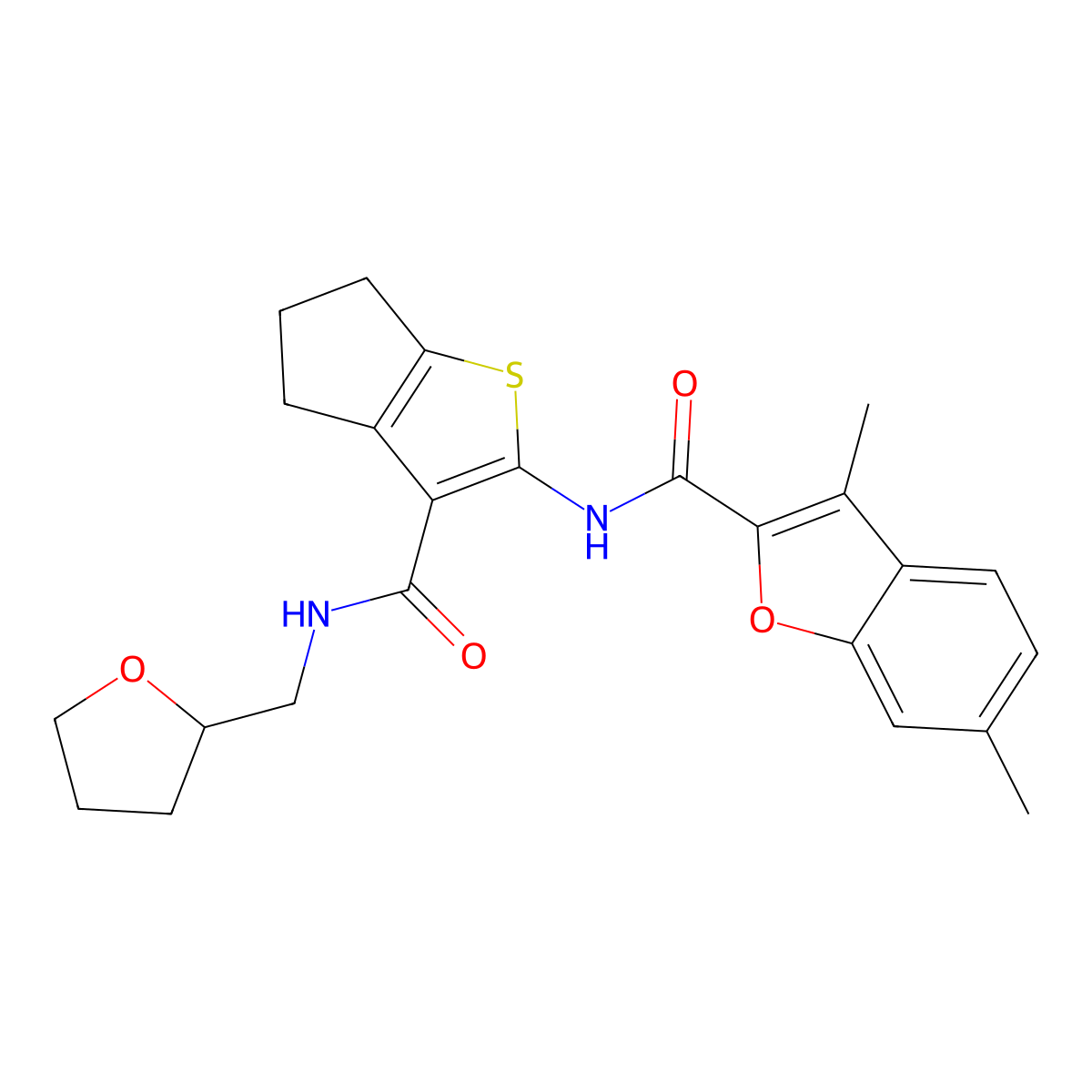 3,6-dimethyl-N-[3-(oxolan-2-ylmethylcarbamoyl)-5,6-dihydro-4H-cyclopenta[b]thiophen-2-yl]-1-benzofuran-2-carboxamide molecular structure, CAS 823827-53-8
