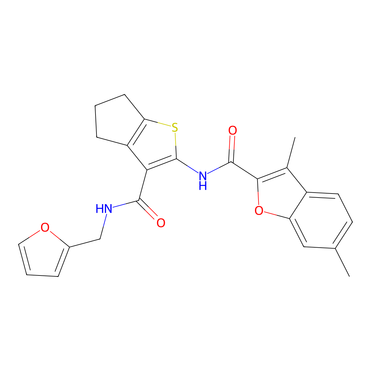 N-[3-(furan-2-ylmethylcarbamoyl)-5,6-dihydro-4H-cyclopenta[b]thiophen-2-yl]-3,6-dimethyl-1-benzofuran-2-carboxamide molecular structure, CAS 823827-54-9