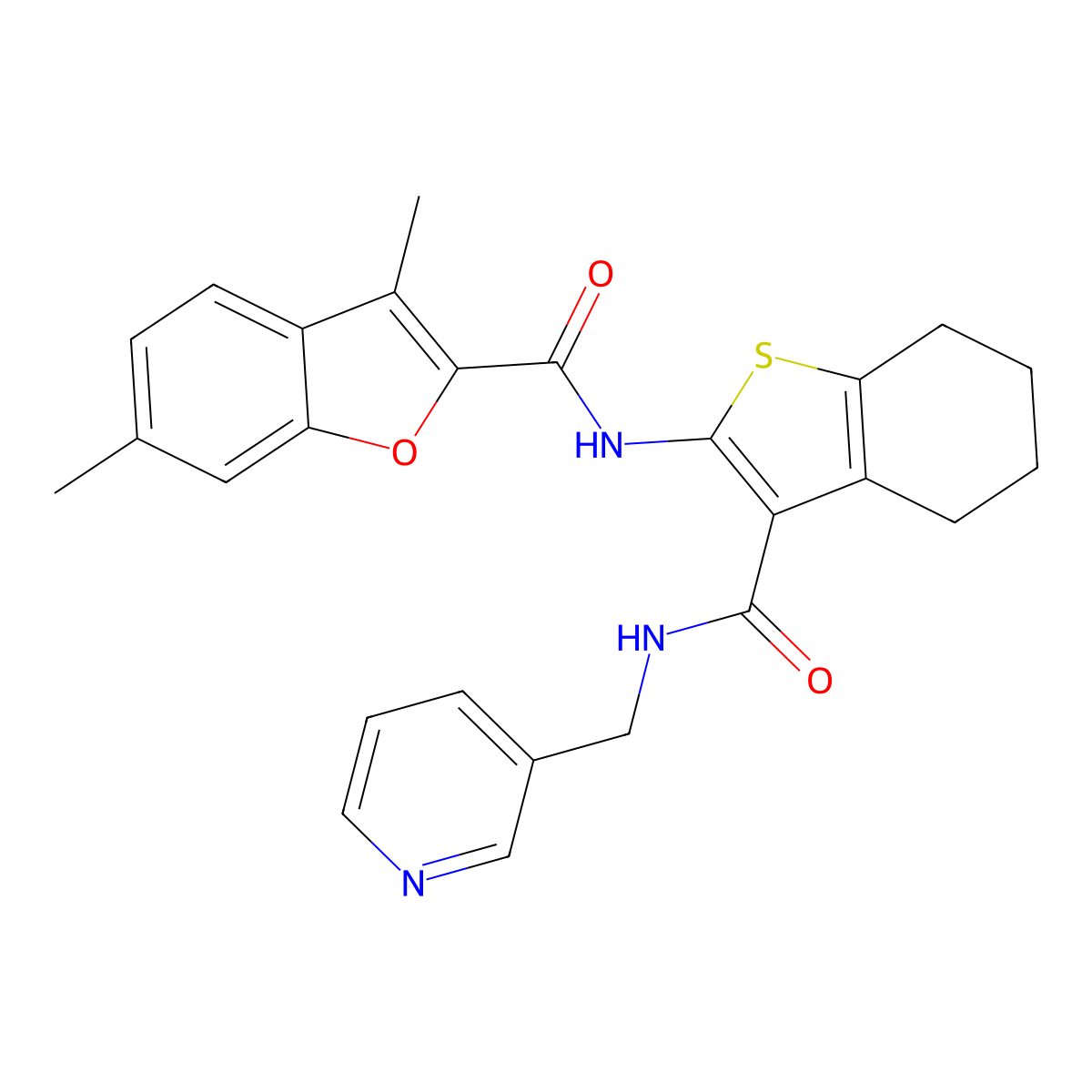 3,6-dimethyl-N-[3-(pyridin-3-ylmethylcarbamoyl)-4,5,6,7-tetrahydro-1-benzothiophen-2-yl]-1-benzofuran-2-carboxamide molecular structure, CAS 823827-57-2