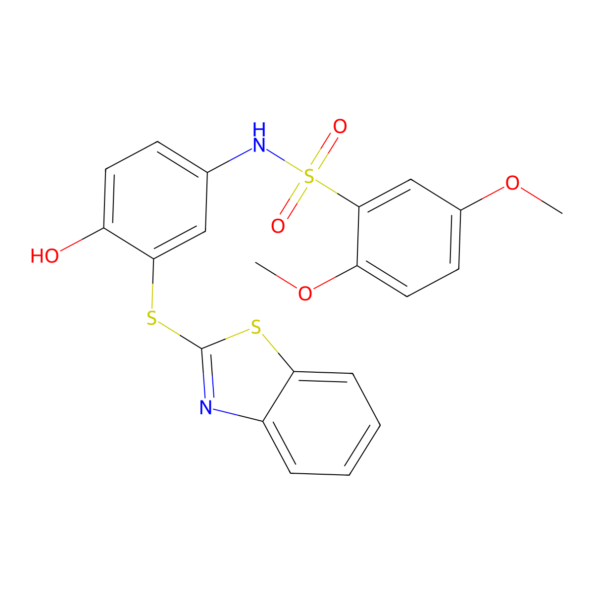 N-[3-(1,3-benzothiazol-2-ylsulfanyl)-4-hydroxyphenyl]-2,5-dimethoxybenzenesulfonamide molecular structure, CAS 823828-08-6