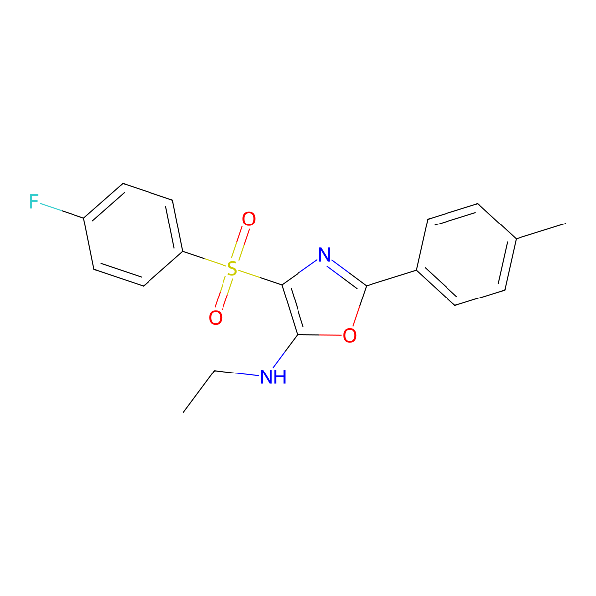N-ethyl-4-((4-fluorophenyl)sulfonyl)-2-(p-tolyl)oxazol-5-amine molecular structure, CAS 823828-29-1