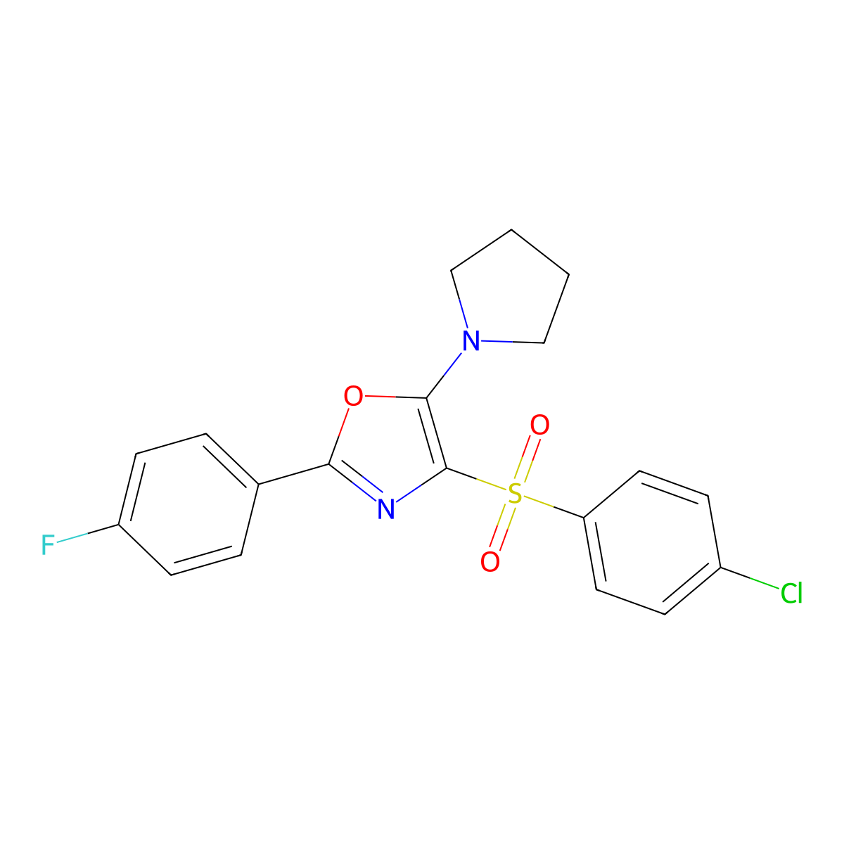 4-((4-Chlorophenyl)sulfonyl)-2-(4-fluorophenyl)-5-(pyrrolidin-1-yl)oxazole molecular structure, CAS 823828-35-9