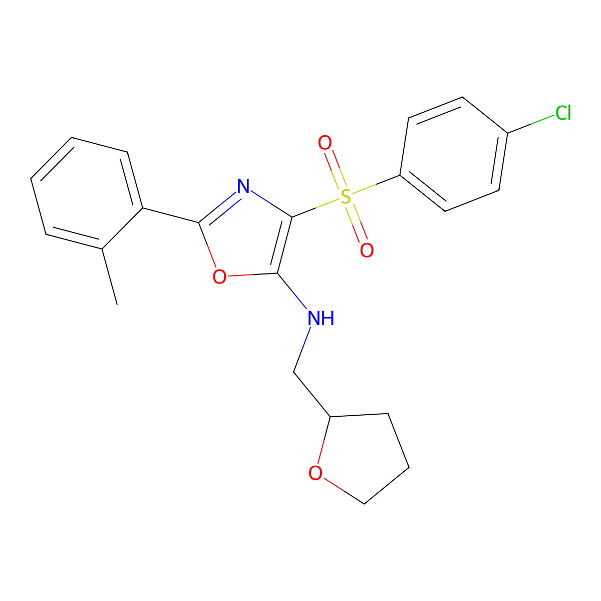 4-(4-chlorophenyl)sulfonyl-2-(2-methylphenyl)-N-(oxolan-2-ylmethyl)-1,3-oxazol-5-amine molecular structure, CAS 823828-43-9