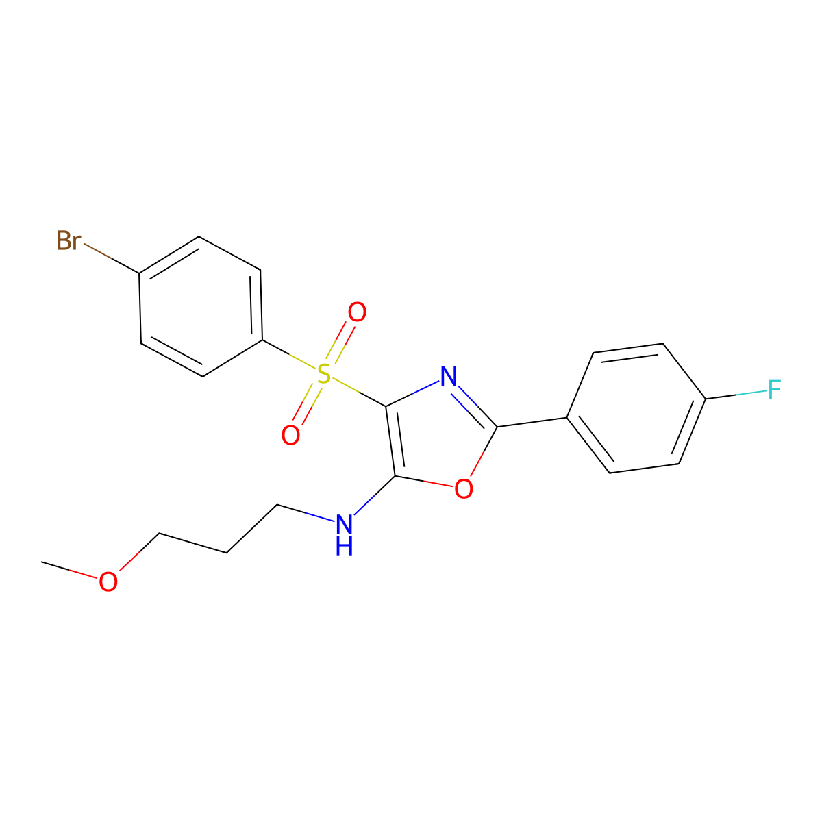 4-(4-bromophenyl)sulfonyl-2-(4-fluorophenyl)-N-(3-methoxypropyl)-1,3-oxazol-5-amine molecular structure, CAS 823828-48-4