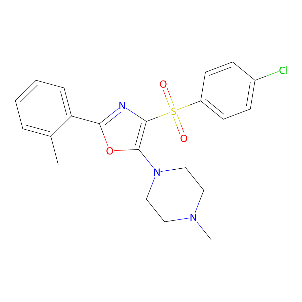 4-((4-Chlorophenyl)sulfonyl)-5-(4-methylpiperazin-1-yl)-2-(o-tolyl)oxazole molecular structure, CAS 823828-56-4