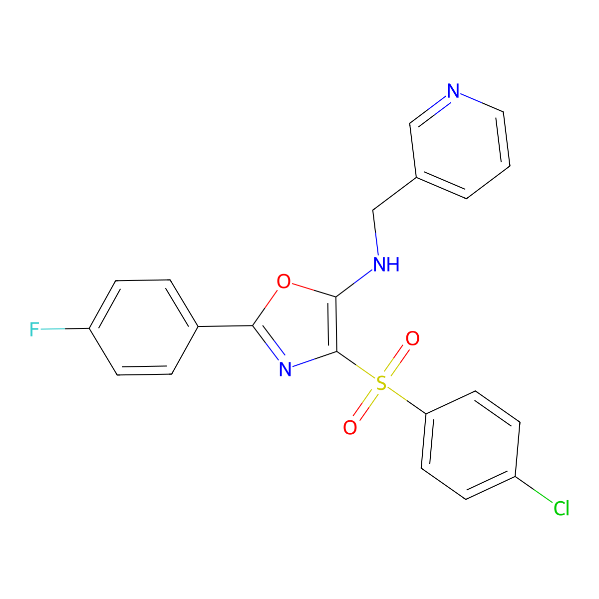 4-(4-chlorophenyl)sulfonyl-2-(4-fluorophenyl)-N-(pyridin-3-ylmethyl)-1,3-oxazol-5-amine molecular structure, CAS 823828-65-5