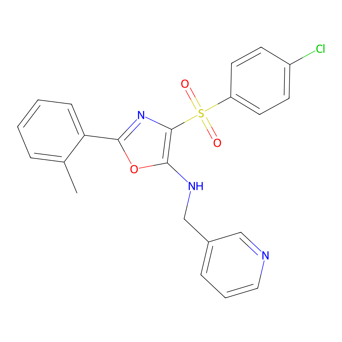 4-(4-chlorophenyl)sulfonyl-2-(2-methylphenyl)-N-(pyridin-3-ylmethyl)-1,3-oxazol-5-amine molecular structure, CAS 823828-67-7