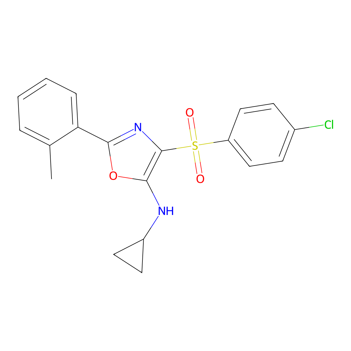 4-((4-chlorophenyl)sulfonyl)-N-cyclopropyl-2-(o-tolyl)oxazol-5-amine molecular structure, CAS 823828-72-4
