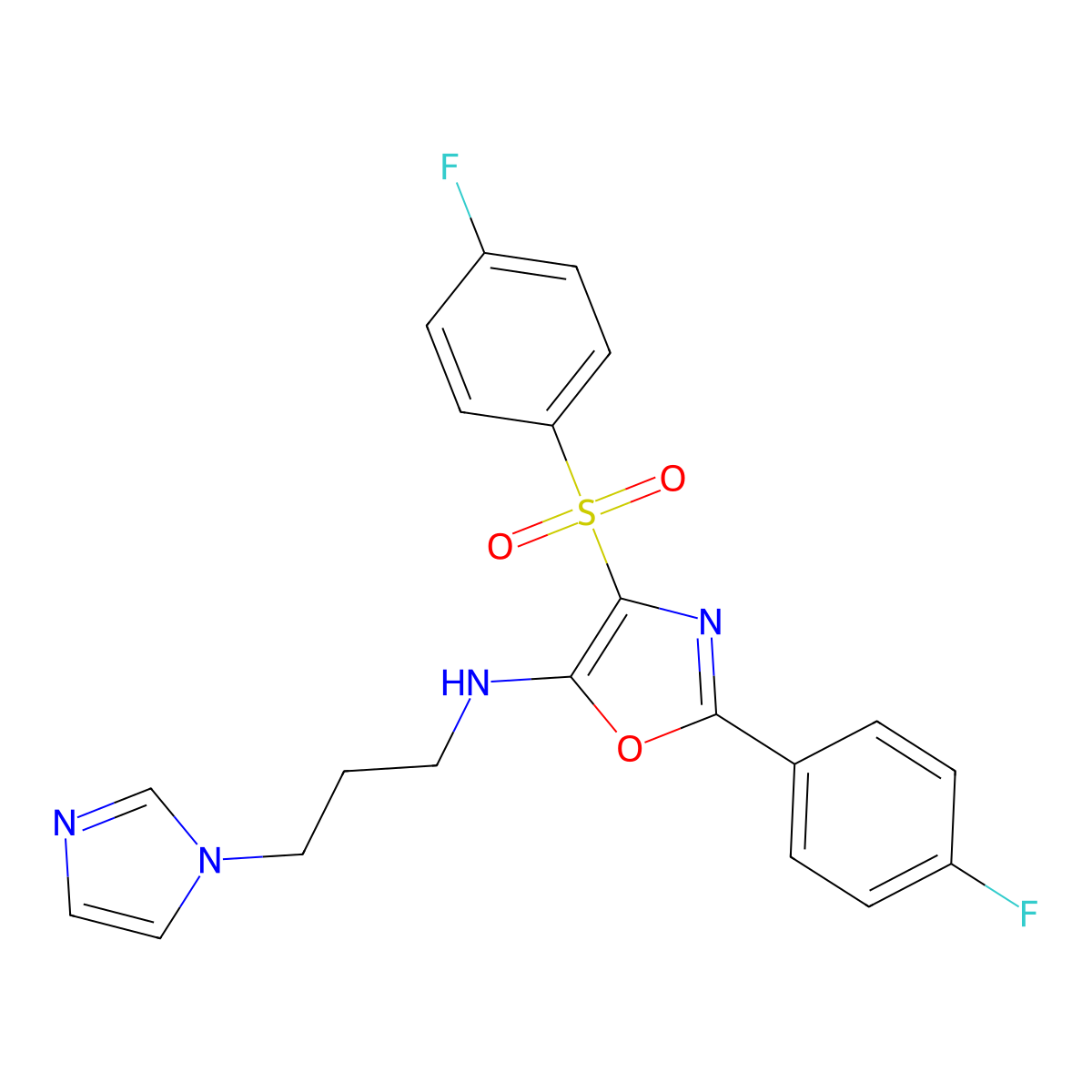 4-(4-fluorobenzenesulfonyl)-2-(4-fluorophenyl)-N-[3-(1H-imidazol-1-yl)propyl]-1,3-oxazol-5-amine molecular structure, CAS 823828-94-0