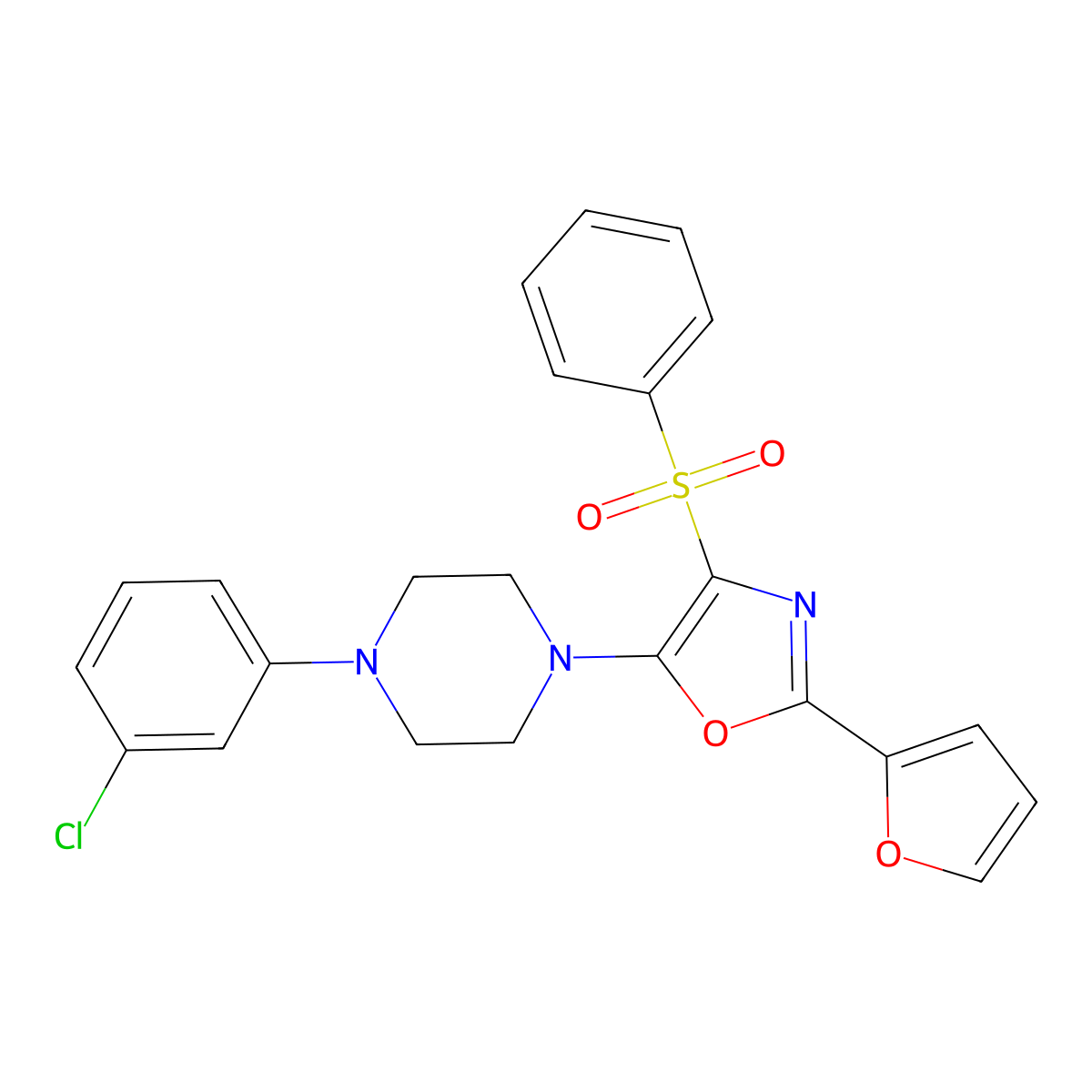 5-(4-(3-Chlorophenyl)piperazin-1-yl)-2-(furan-2-yl)-4-(phenylsulfonyl)oxazole molecular structure, CAS 823829-48-7