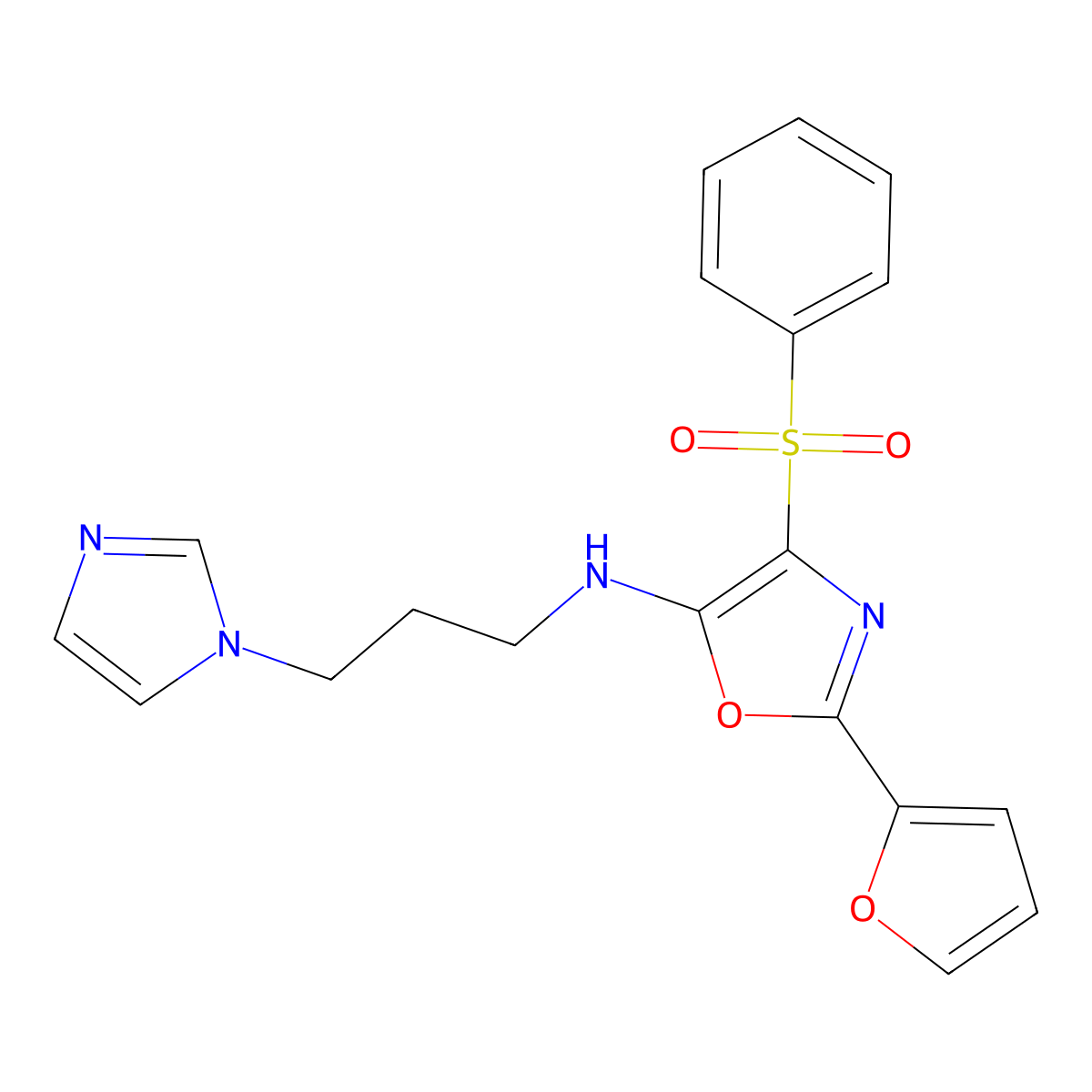 2-(2-furyl)-N-[3-(1H-imidazol-1-yl)propyl]-4-(phenylsulfonyl)-1,3-oxazol-5-amine molecular structure, CAS 823829-54-5