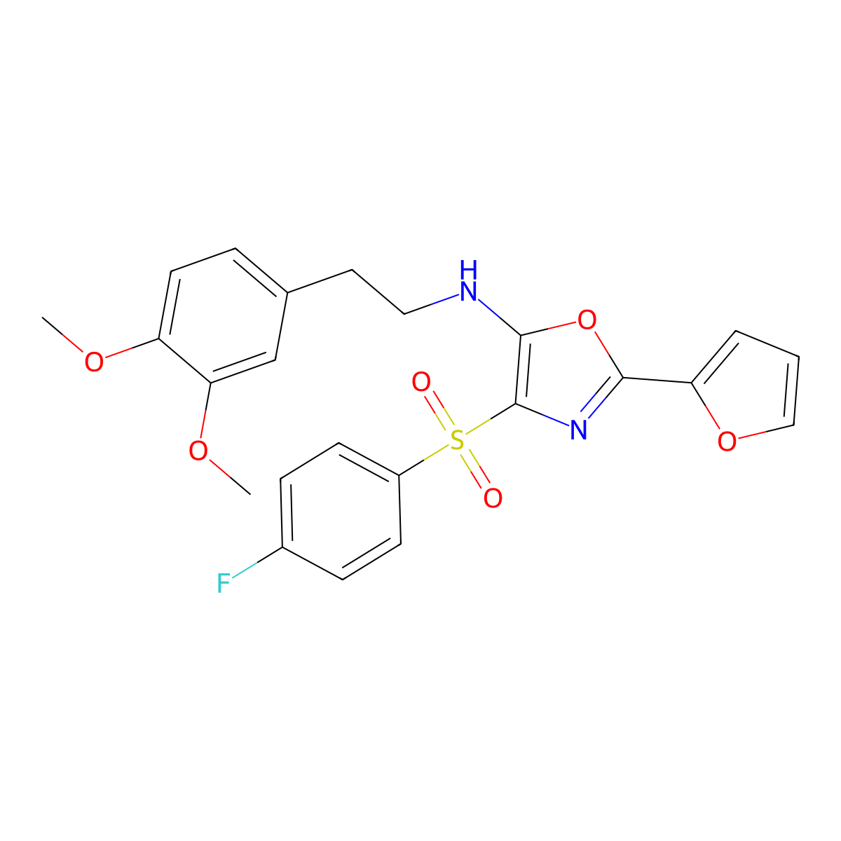 N-[2-(3,4-dimethoxyphenyl)ethyl]-4-(4-fluorobenzenesulfonyl)-2-(furan-2-yl)-1,3-oxazol-5-amine molecular structure, CAS 823829-65-8
