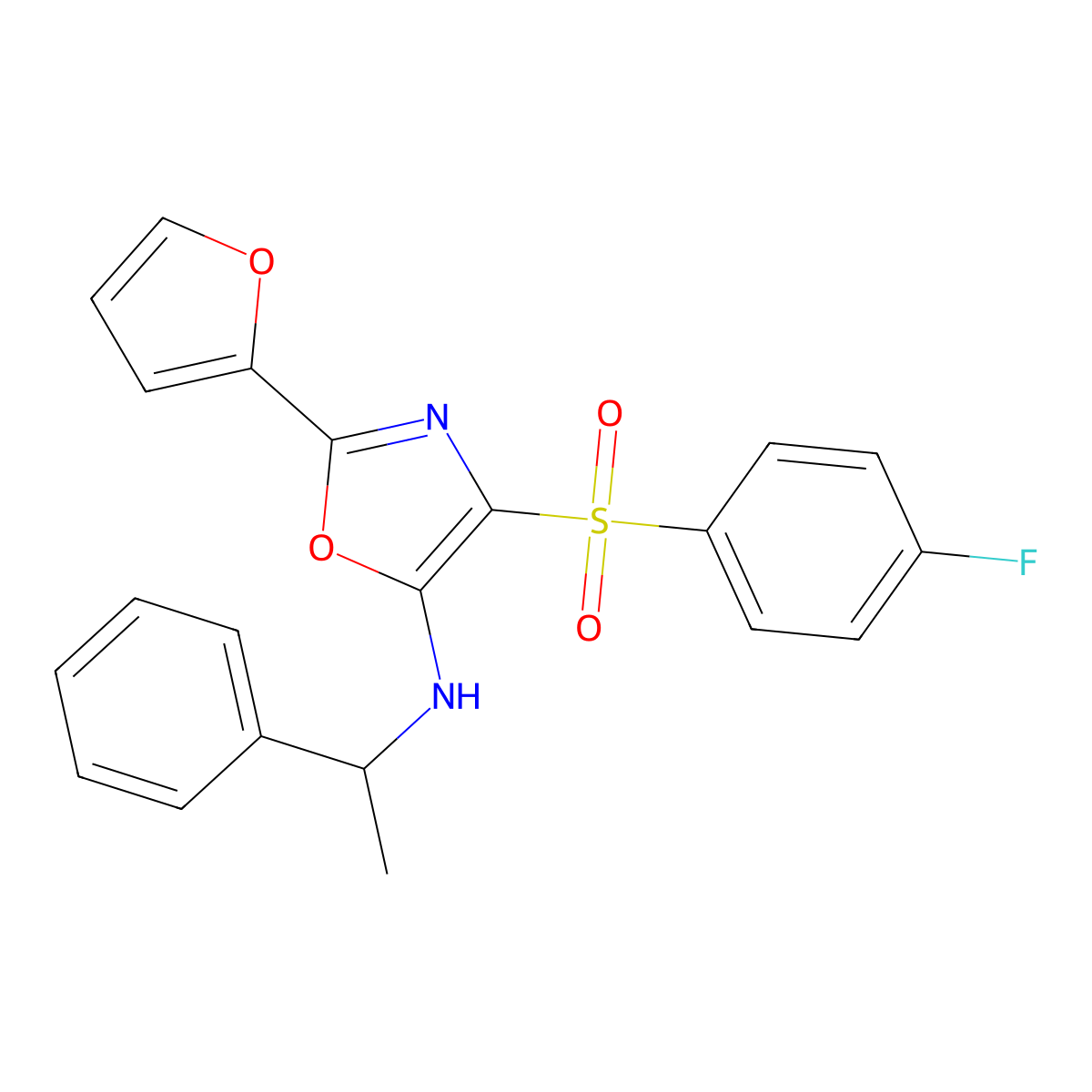 4-((4-fluorophenyl)sulfonyl)-2-(furan-2-yl)-N-(1-phenylethyl)oxazol-5-amine molecular structure, CAS 823829-67-0
