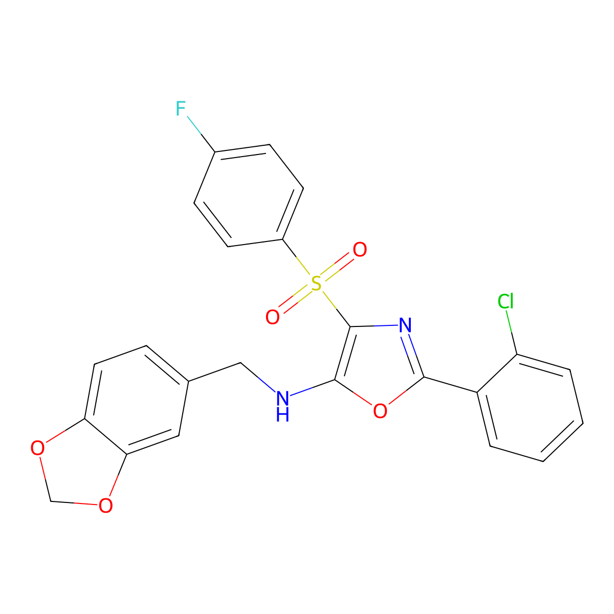 N-(1,3-benzodioxol-5-ylmethyl)-2-(2-chlorophenyl)-4-[(4-fluorophenyl)sulfonyl]-1,3-oxazol-5-amine molecular structure, CAS 823829-77-2