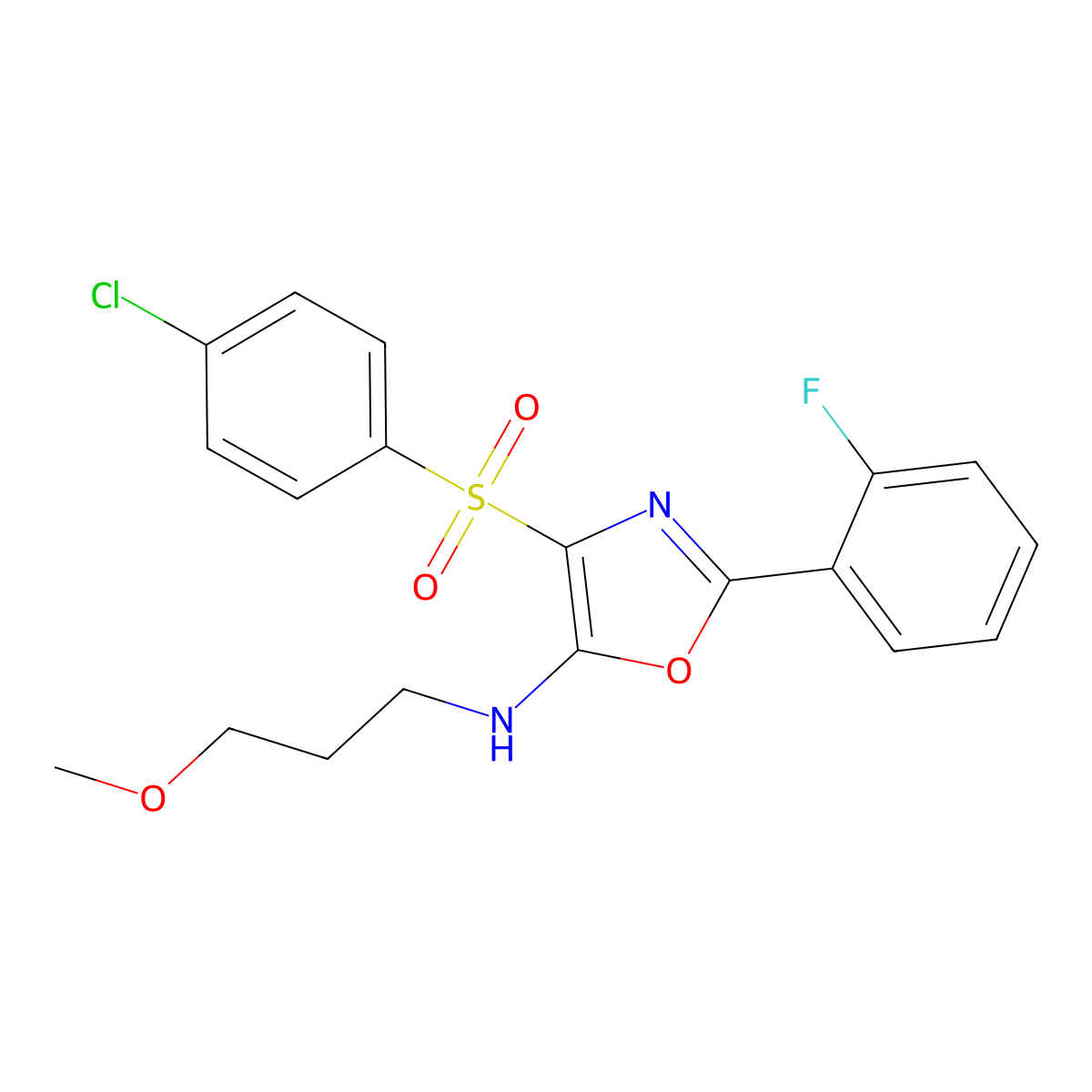 4-((4-chlorophenyl)sulfonyl)-2-(2-fluorophenyl)-N-(3-methoxypropyl)oxazol-5-amine molecular structure, CAS 823829-89-6