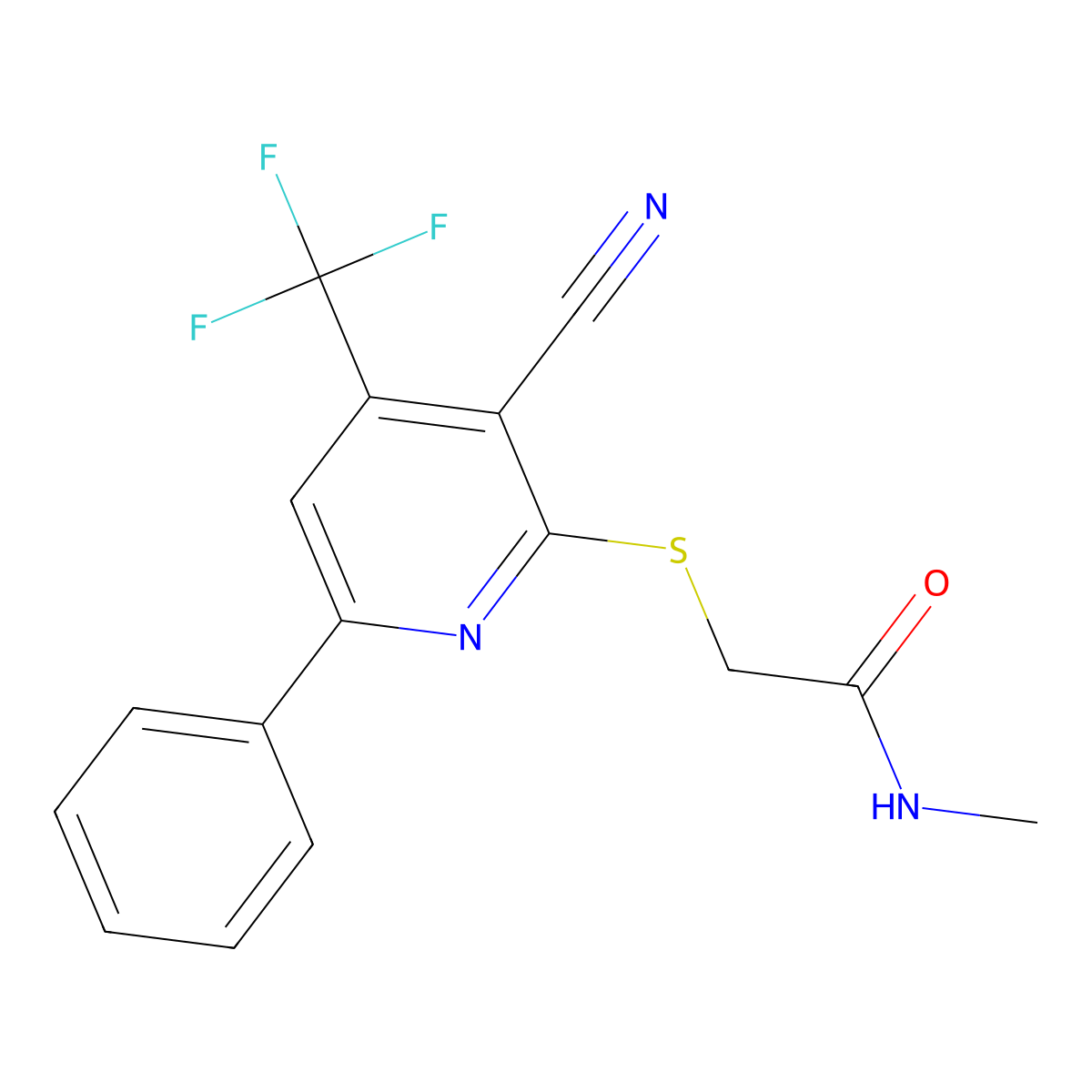 2-((3-cyano-6-phenyl-4-(trifluoromethyl)pyridin-2-yl)thio)-N-methylacetamide molecular structure, CAS 823830-07-5