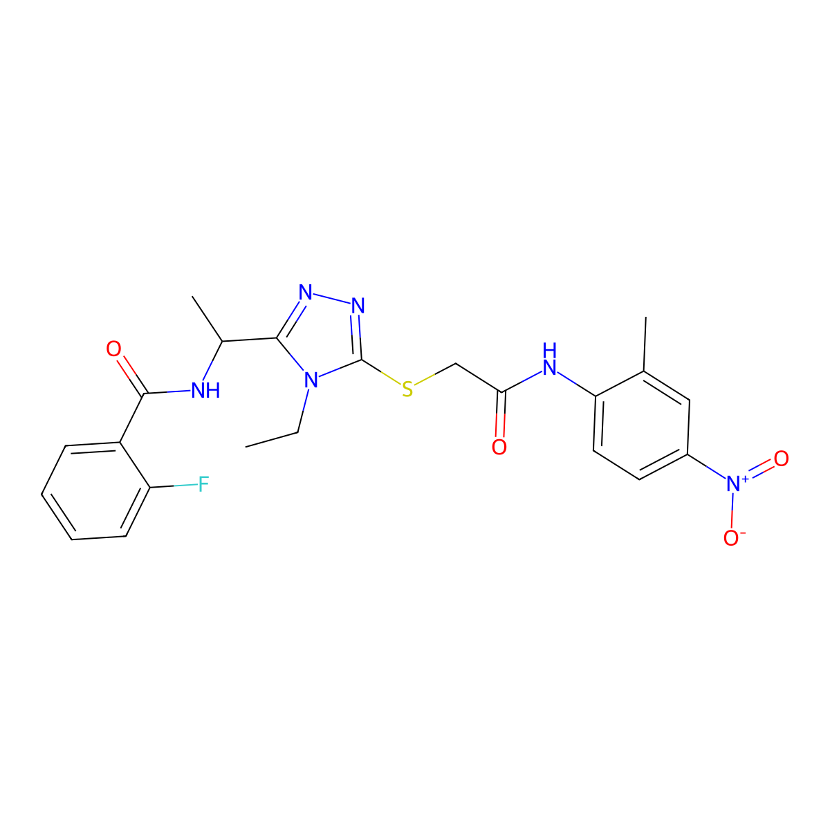N-{1-[4-ethyl-5-({2-[(2-methyl-4-nitrophenyl)amino]-2-oxoethyl}sulfanyl)-4H-1,2,4-triazol-3-yl]ethyl}-2-fluorobenzamide molecular structure, CAS 823830-75-7