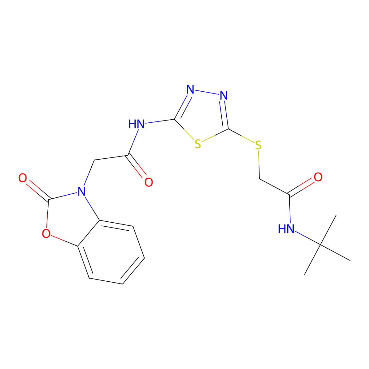 N-[5-[2-(tert-butylamino)-2-oxoethyl]sulfanyl-1,3,4-thiadiazol-2-yl]-2-(2-oxo-1,3-benzoxazol-3-yl)acetamide molecular structure, CAS 823830-93-9