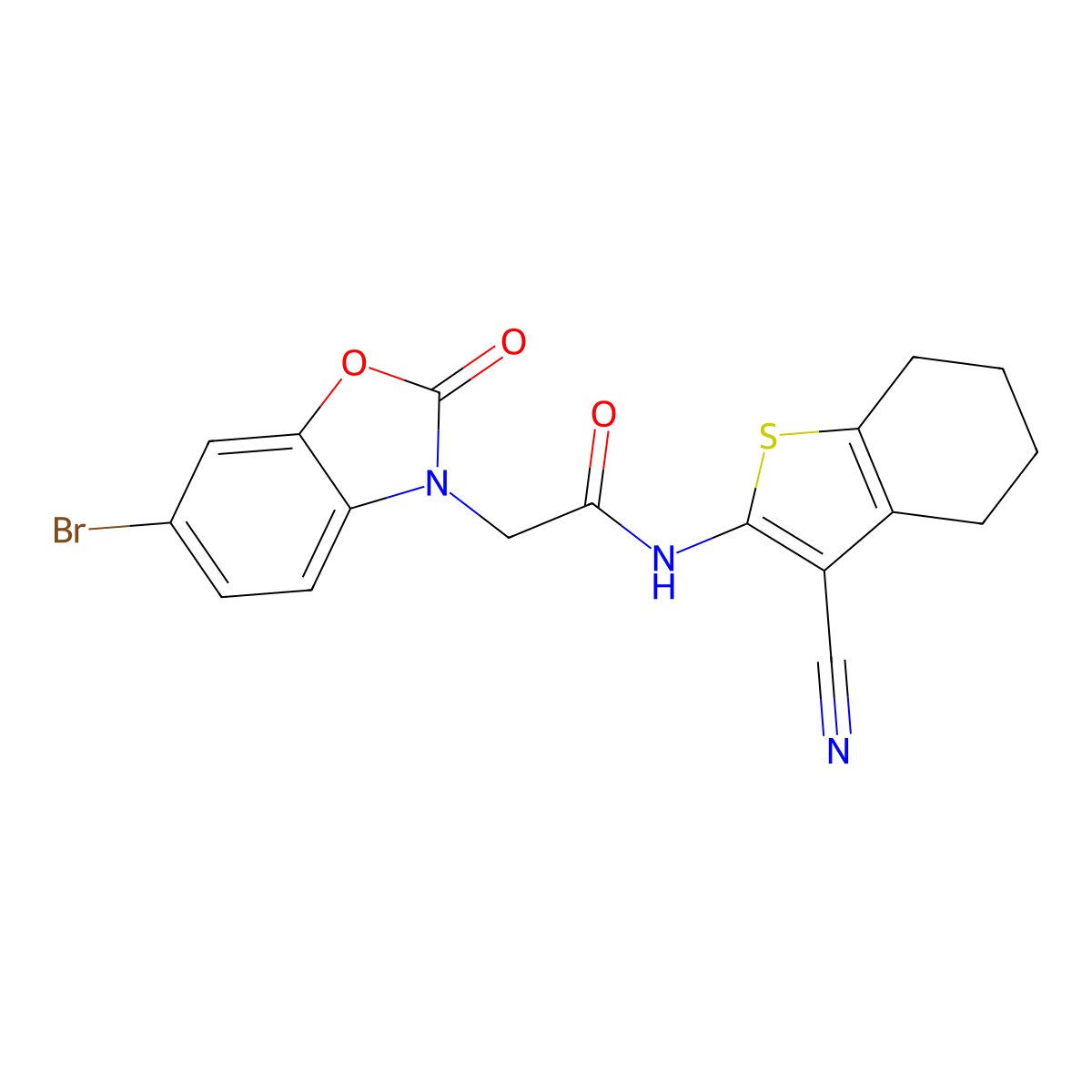 2-(6-bromo-2-oxo-1,3-benzoxazol-3-yl)-N-(3-cyano-4,5,6,7-tetrahydro-1-benzothiophen-2-yl)acetamide molecular structure, CAS 823830-97-3